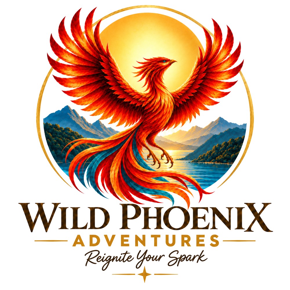 Wild Phoenix Adventures logo: a phoenix rising over mountains and water, with the words Reignite Your Spark
